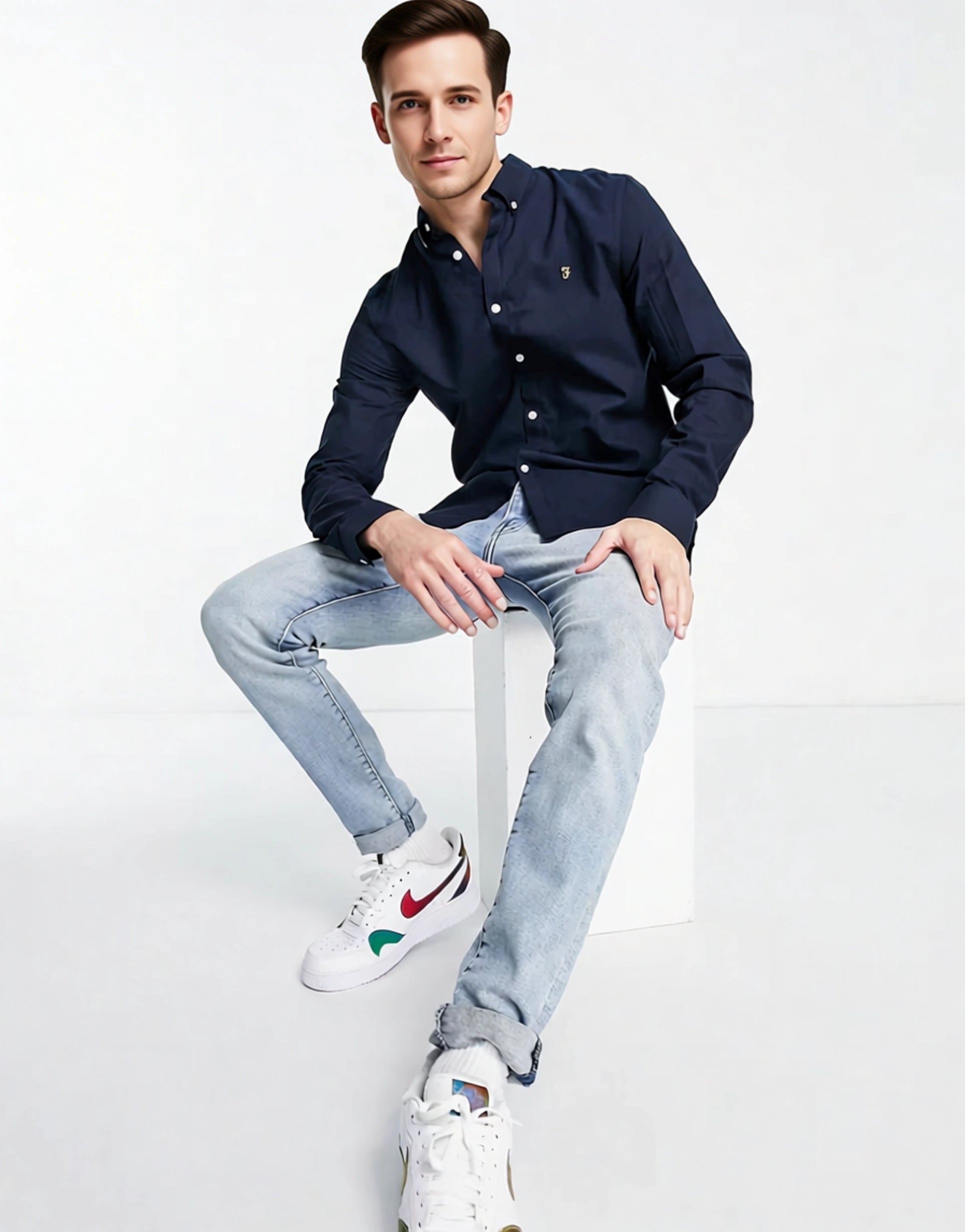Farah Mens Brewer Slim Fit Cotton Oxford Shirt In Navy