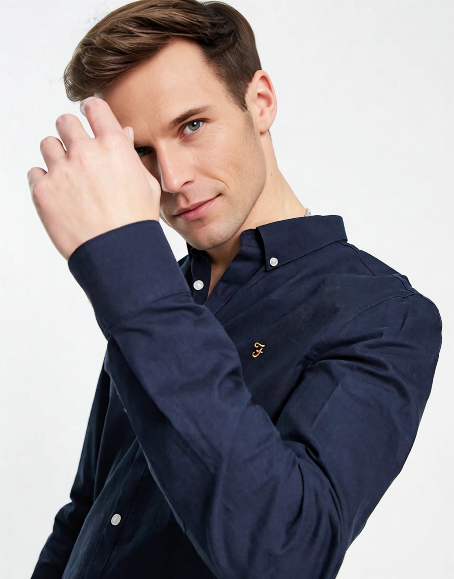 Farah Mens Brewer Slim Fit Cotton Oxford Shirt In Navy
