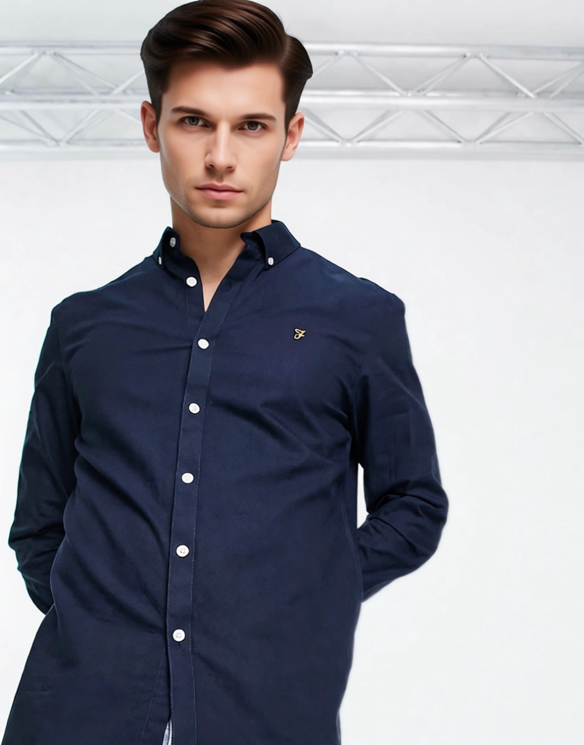 Farah Mens Brewer Slim Fit Cotton Oxford Shirt In Navy