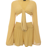 South Beach Chiffon Tie Front Top And Shorts Set In Yellow