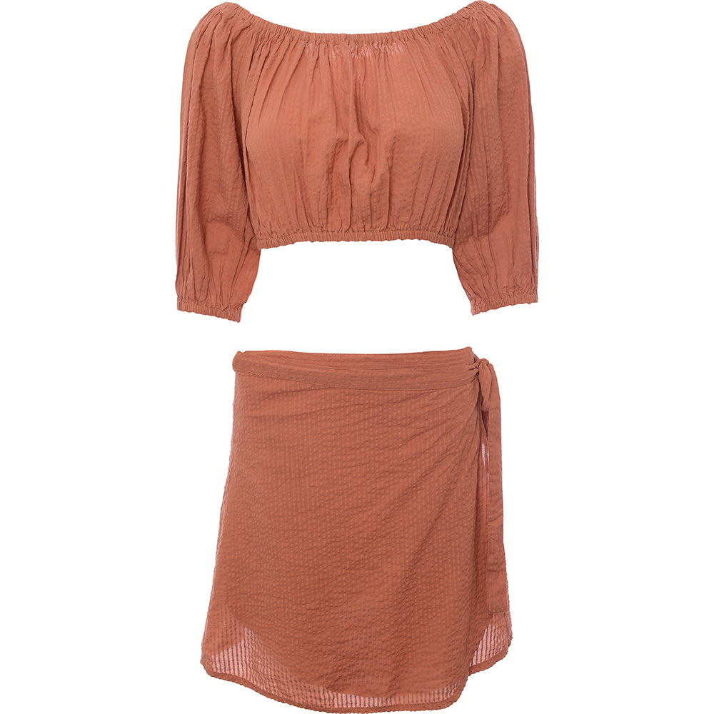 South Beach Women's Orange Wrap Bardot Crop Top With Wrap Skirt