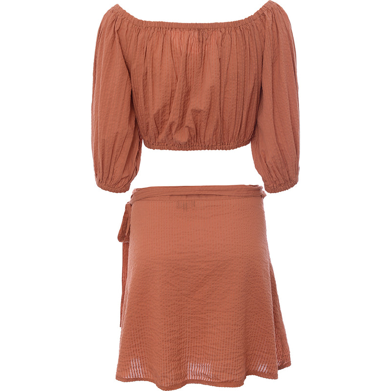 South Beach Women's Orange Wrap Bardot Crop Top With Wrap Skirt