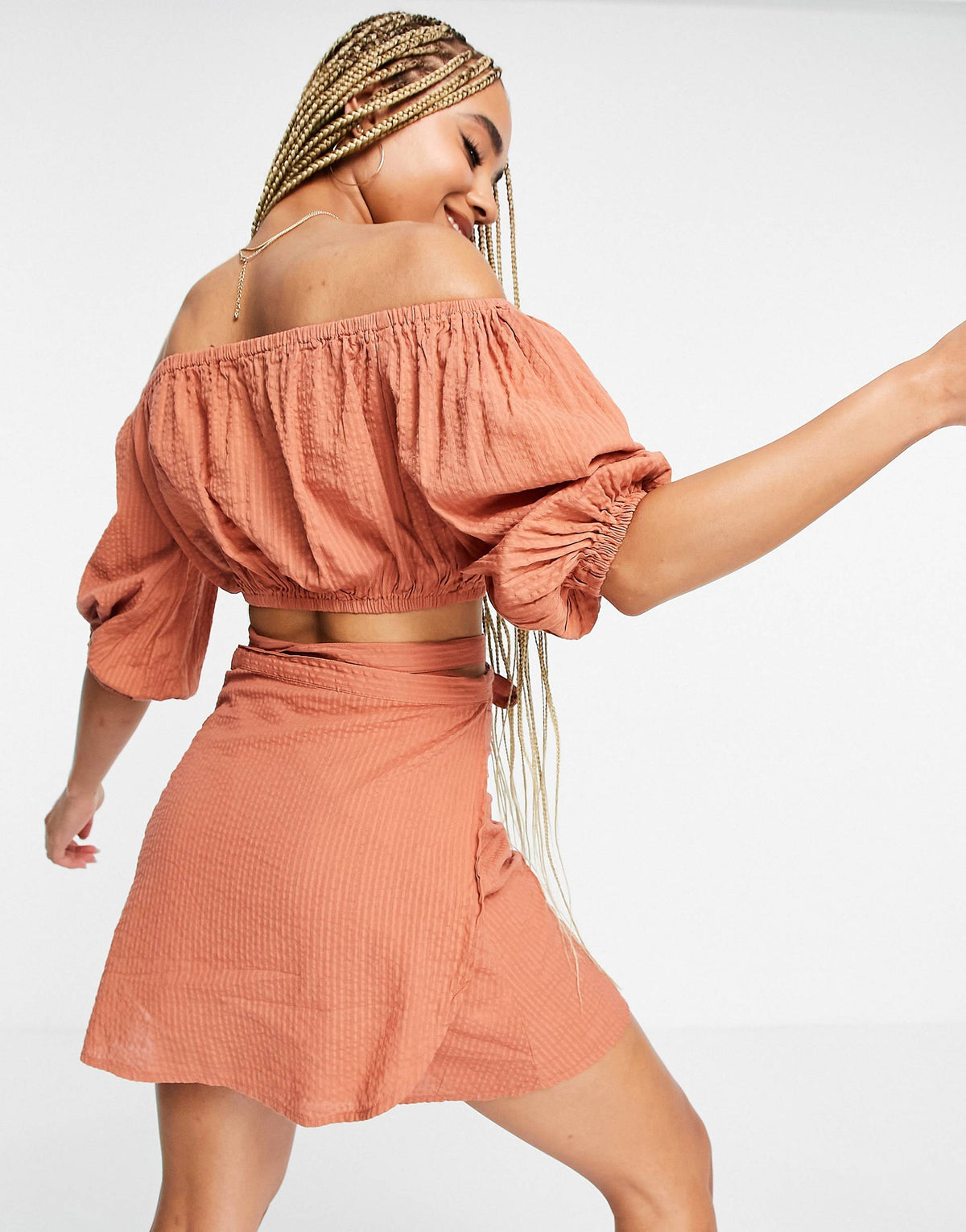 South Beach Orange Wrap Bardot Crop Top W. Wrap Skirt