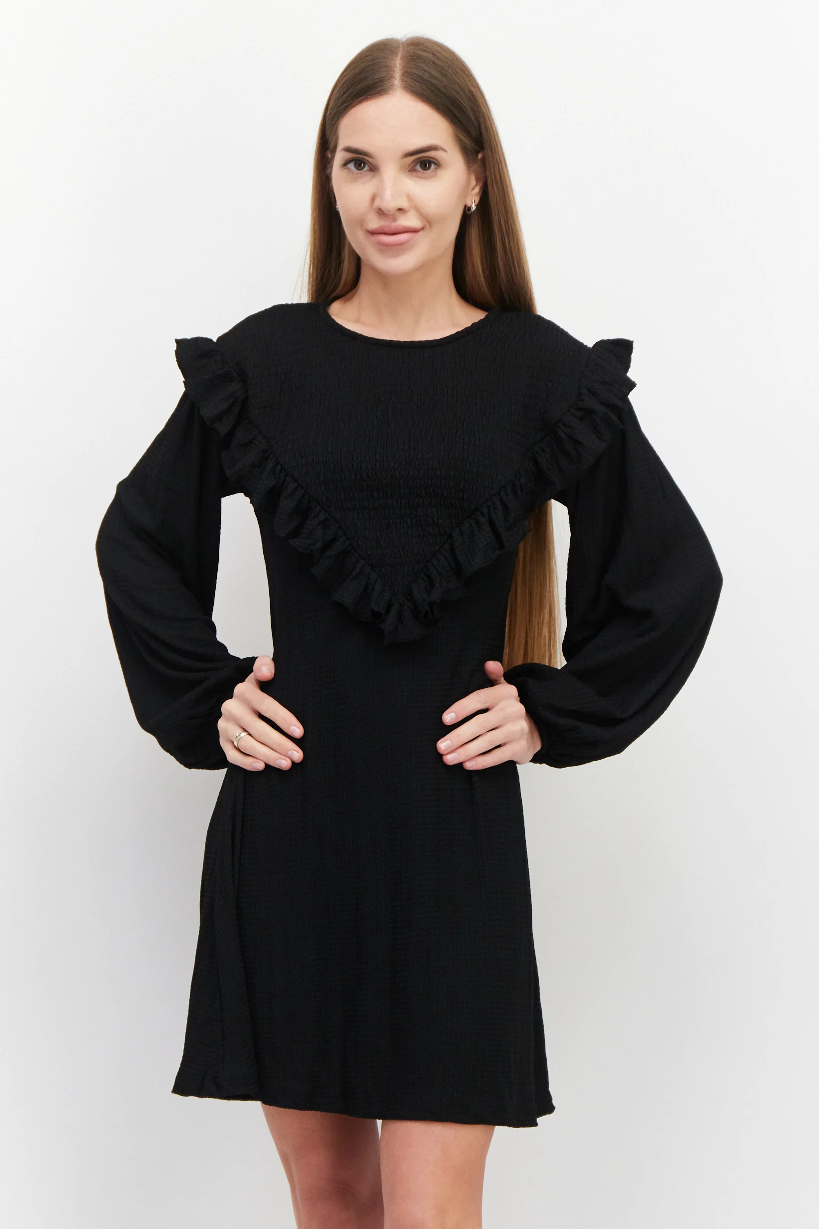 River Island Womens Shirred Yoke Frill Mini Dress In Black