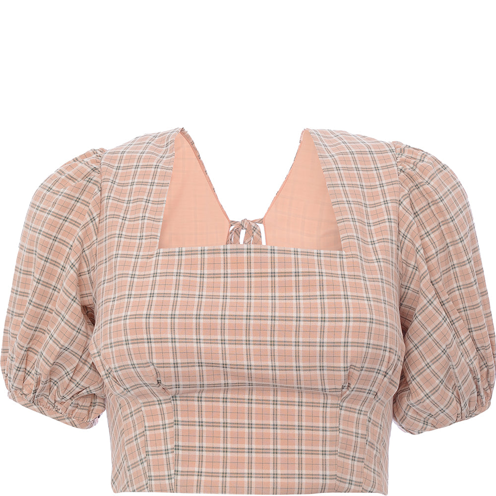 Fashion Union Women's Peach Check Tie Back Cropped Blouse