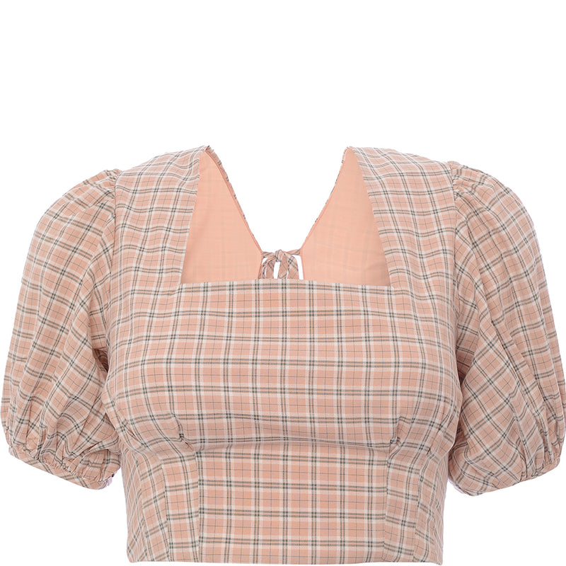 Fashion Union Women's Peach Check Tie Back Cropped Blouse