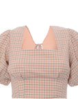 Fashion Union Women's Peach Check Tie Back Cropped Blouse