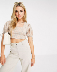 Fashion Union Tie Back Cropped Blouse In Peach Check