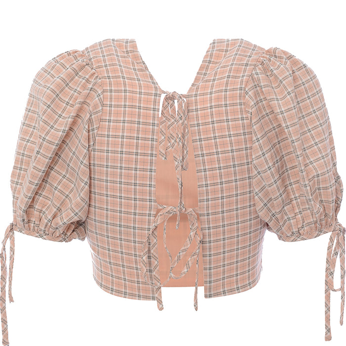 Fashion Union Women's Peach Check Tie Back Cropped Blouse