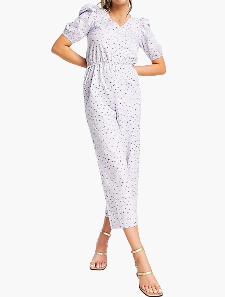 Monki Womens Jumpsuit With Puff Sleeves in Lilac Floral Print