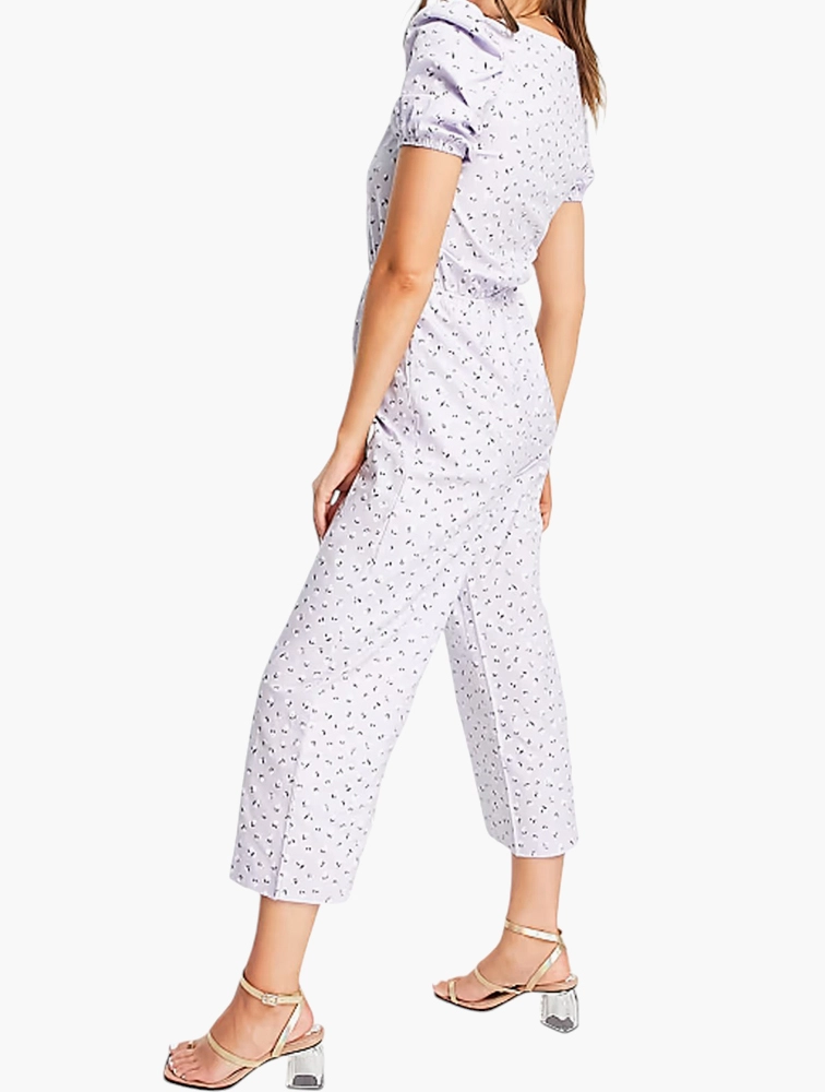 Monki Womens Jumpsuit With Puff Sleeves in Lilac Floral Print