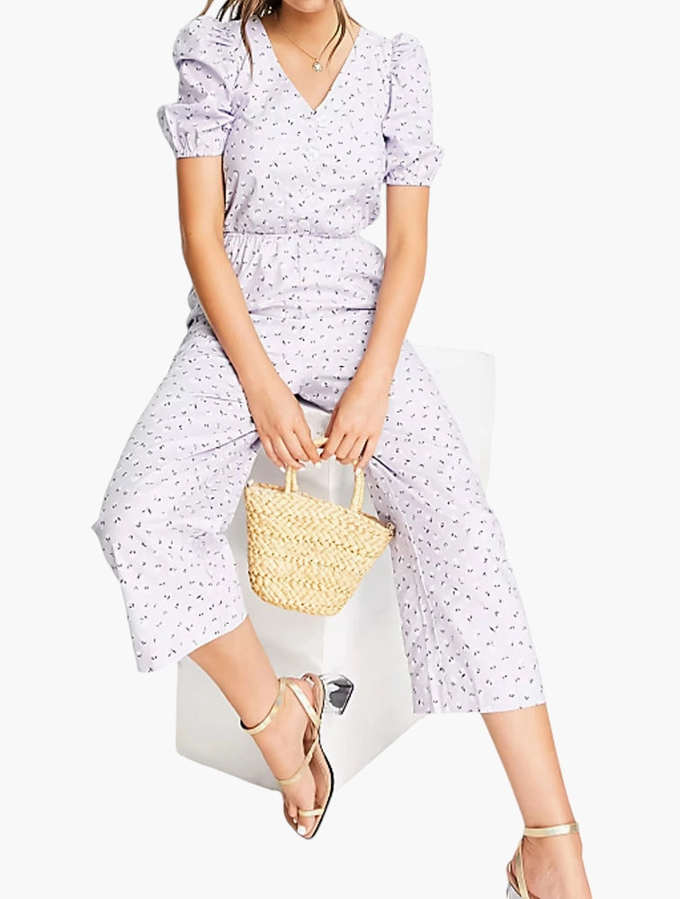 Monki Womens Jumpsuit With Puff Sleeves in Lilac Floral Print