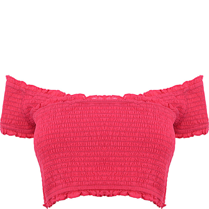 French Connection Shirred Off Shoulder Crop Top In Pink