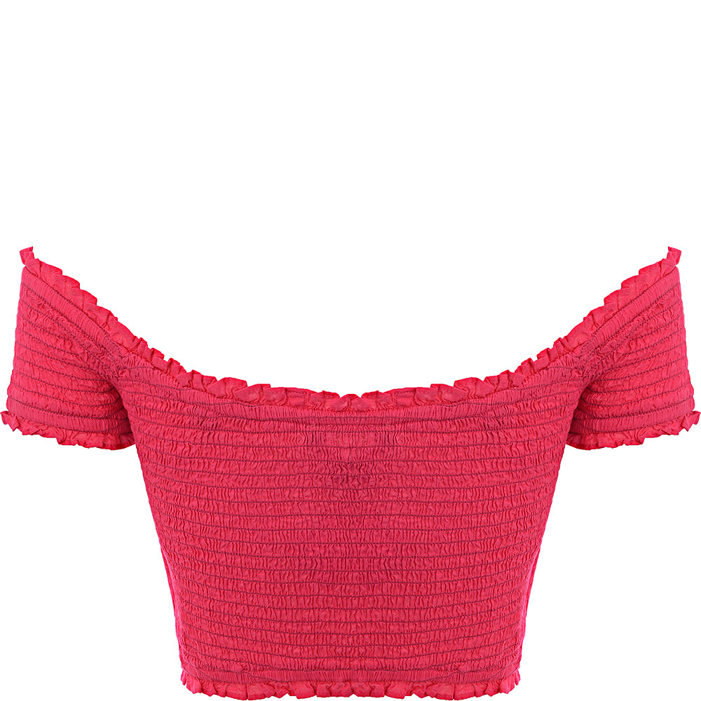 French Connection Shirred Off Shoulder Crop Top In Pink