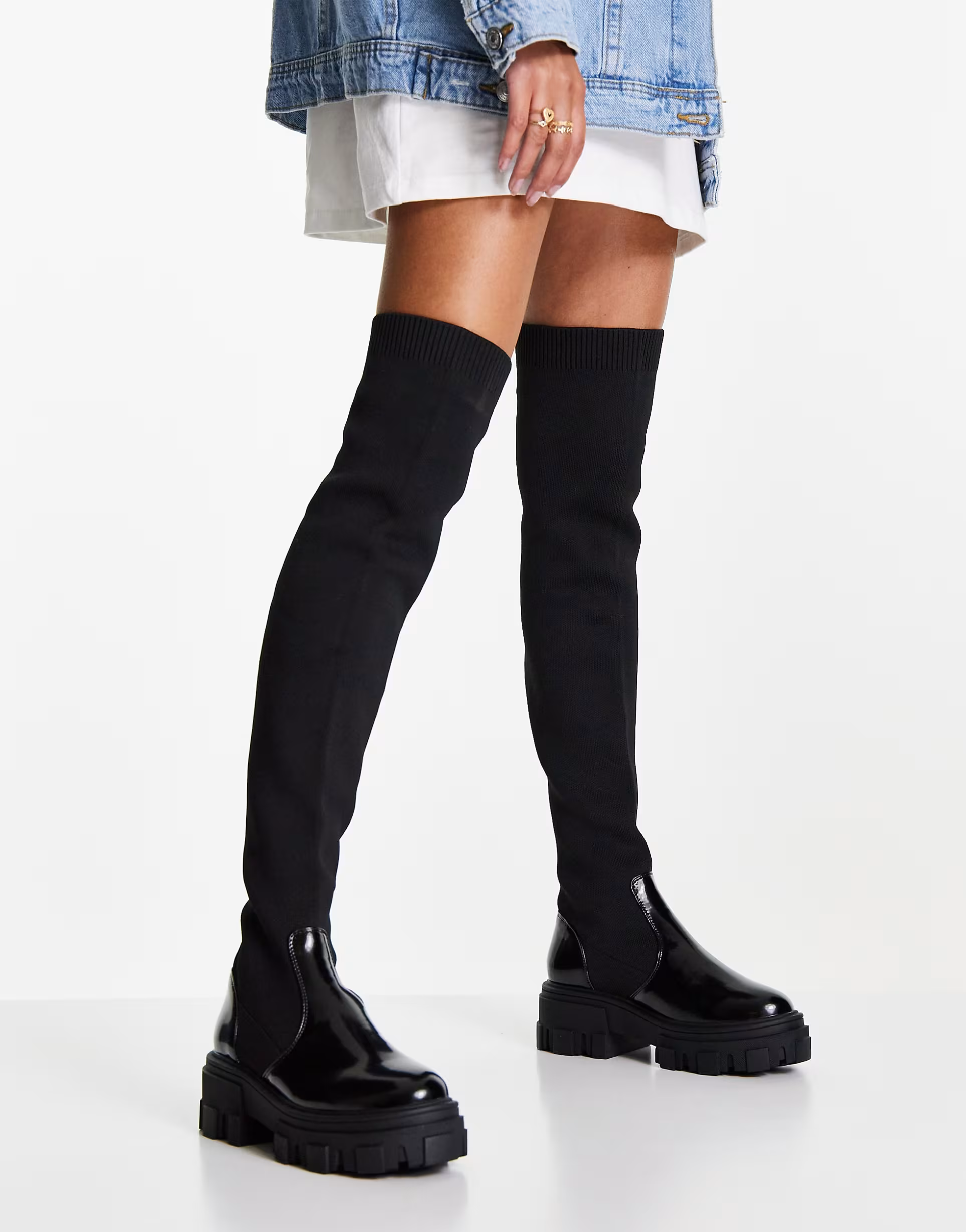 Highstreet Kimmy Flat Chunky Over The Knee Boots In Black