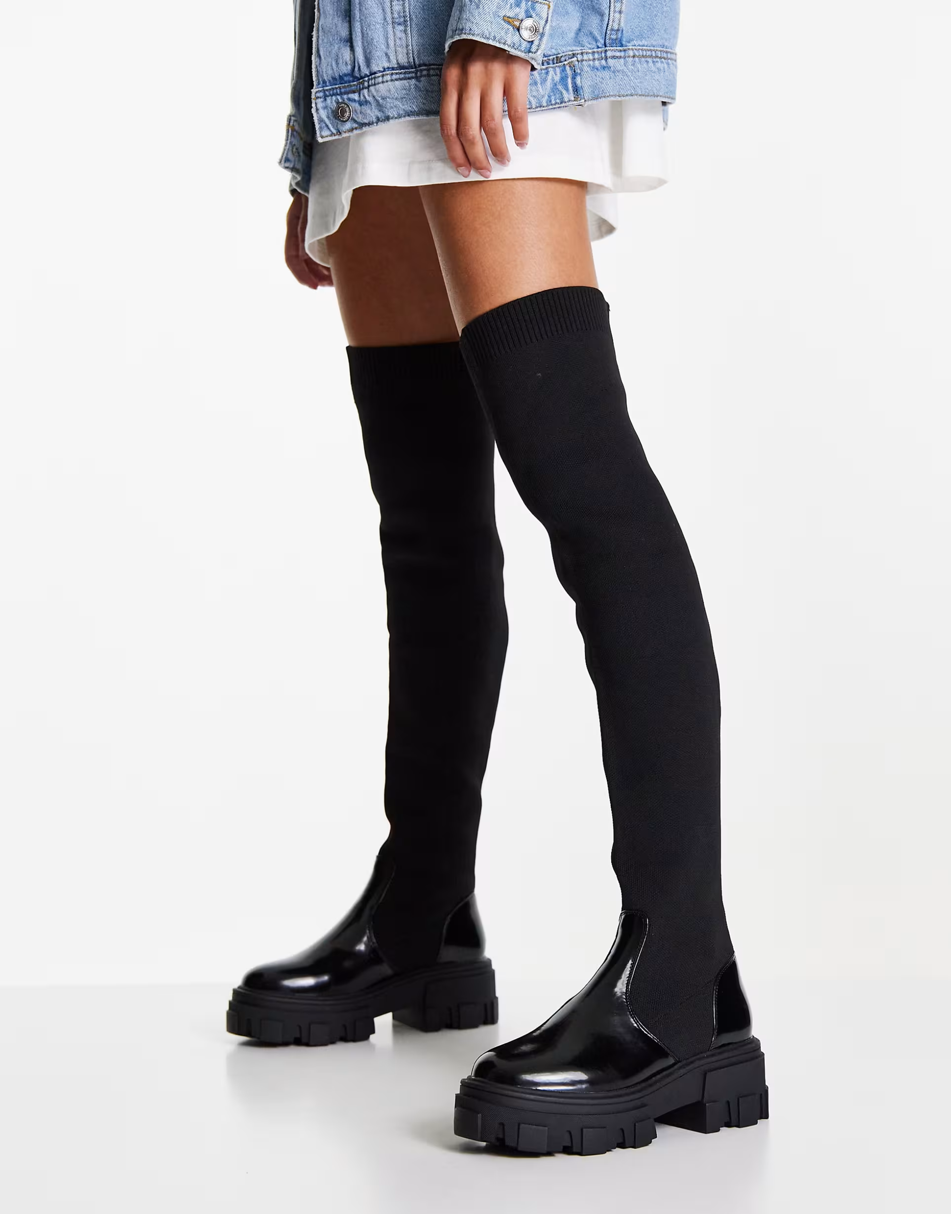 Highstreet Kimmy Flat Chunky Over The Knee Boots In Black