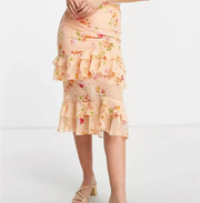 Dark Pink Womens Tiered Frill Textured Midi Skirt in Ditsy Peach Floral In Pink