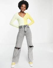 Bailey Rose Women's 90S Shrunken Cardigan in Contrast Pastel In Yellow