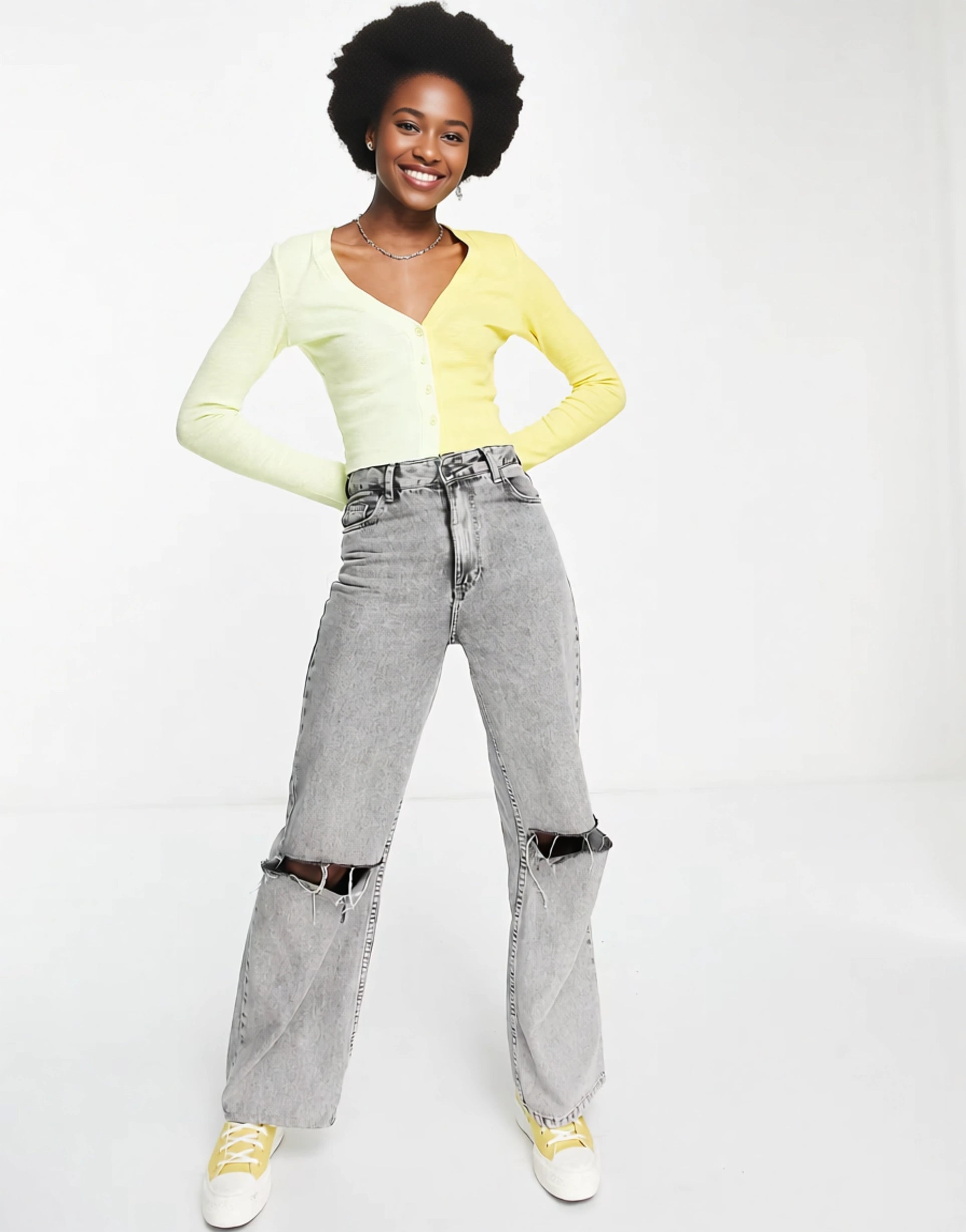 Bailey Rose Women's 90S Shrunken Cardigan in Contrast Pastel In Yellow