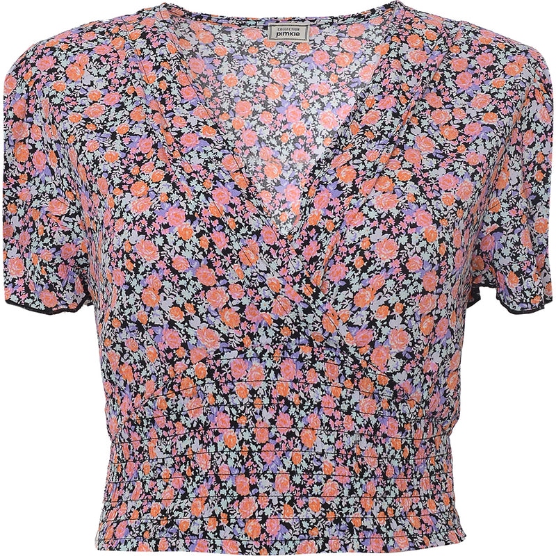 Pimkie Women's Pink and Black V Neck Floral Blouse