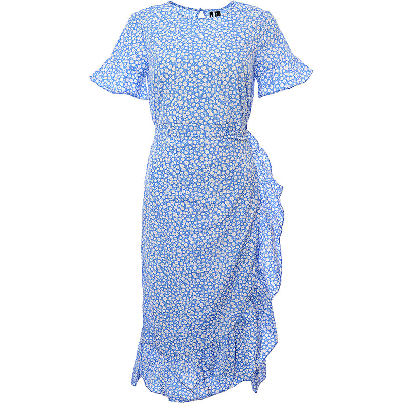 Vero Moda Frill Detail Midi Dress In Blue Spot