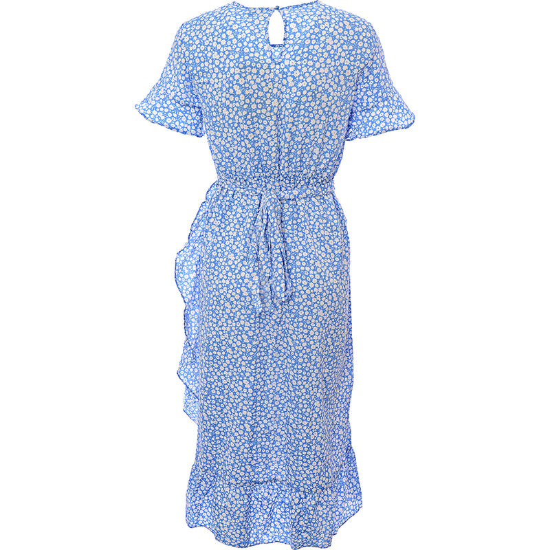 Vero Moda Frill Detail Midi Dress In Blue Spot