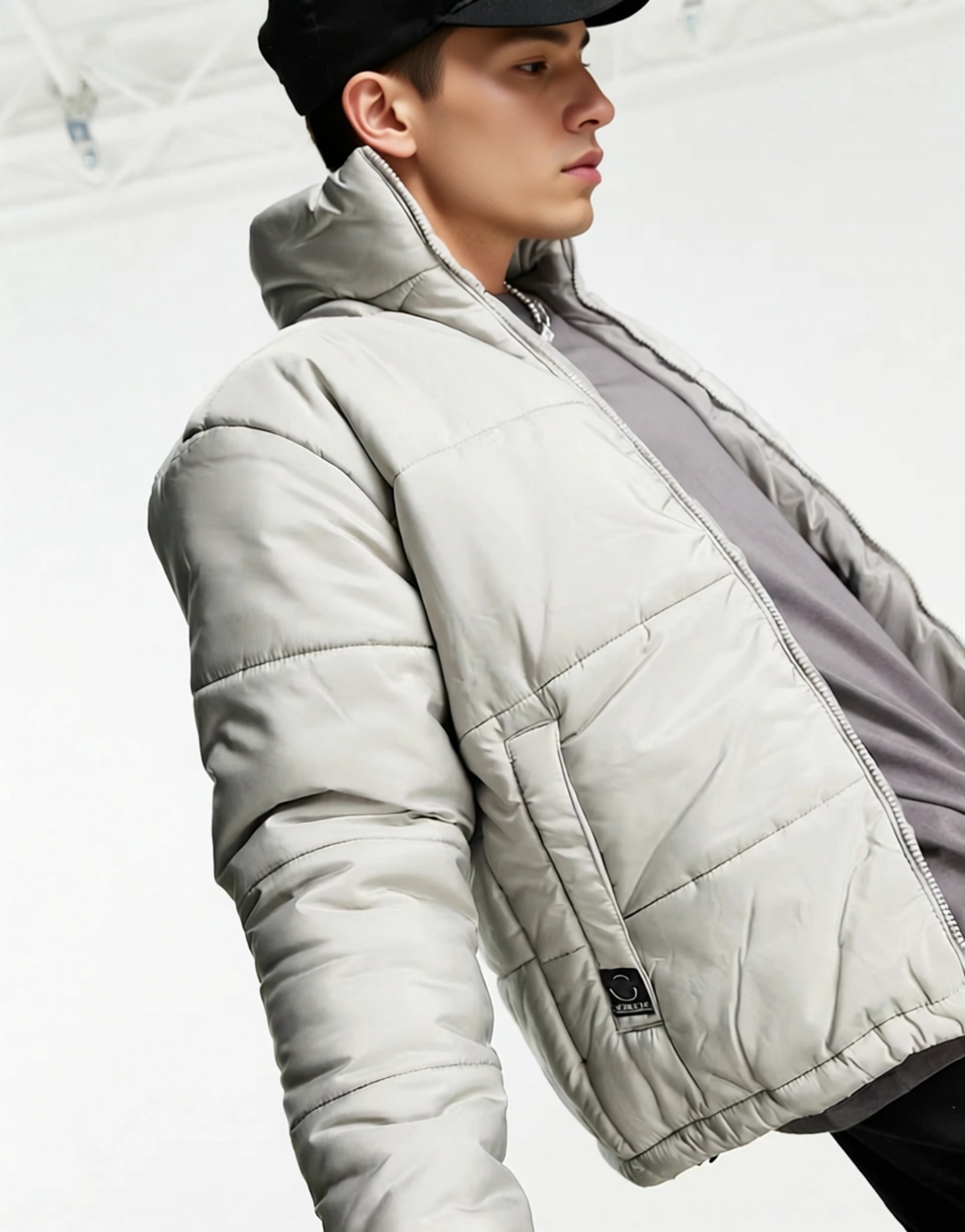 Le Breve Mens Crop Funnel Neck Puffer Jacket in Silver Mink In Grey