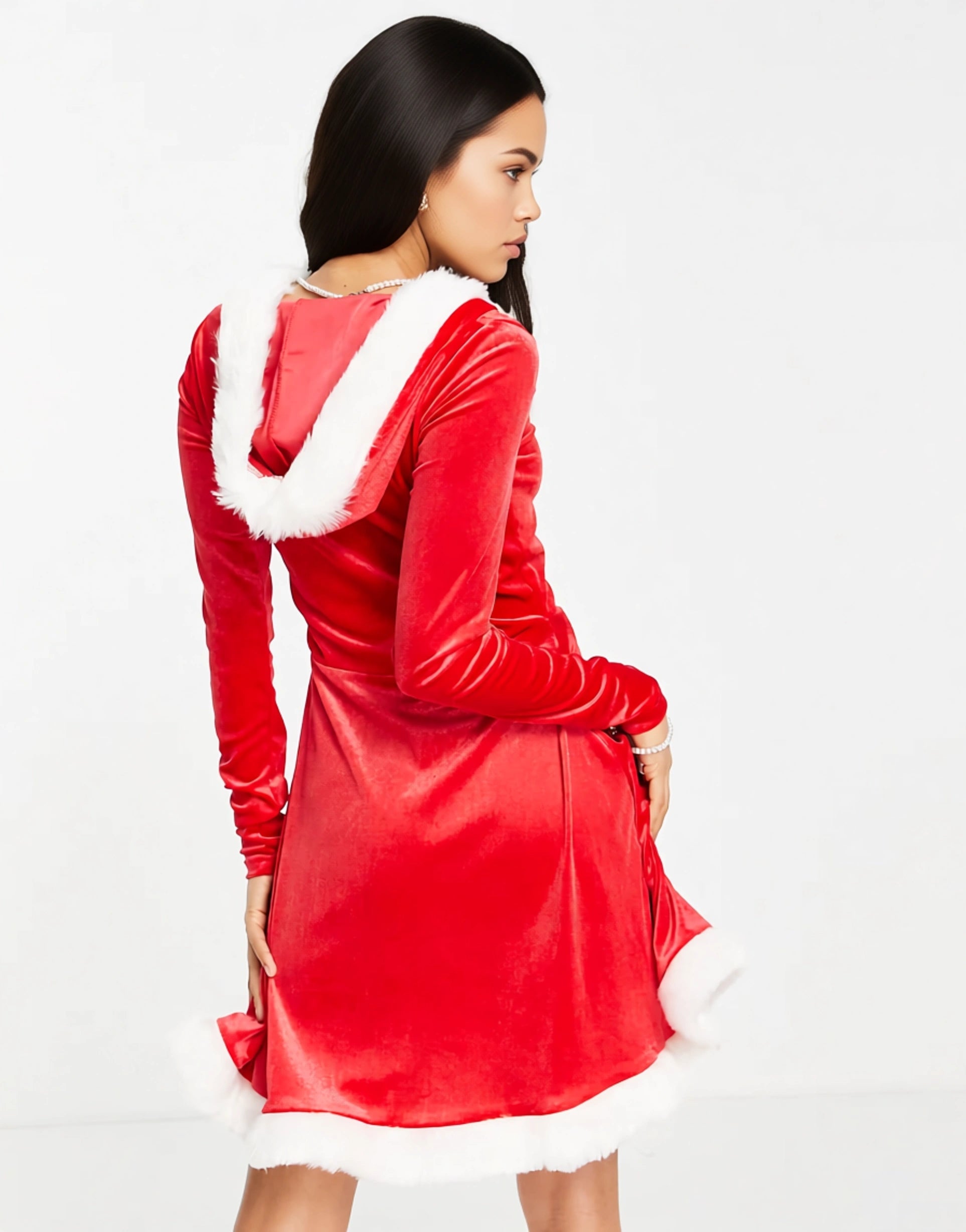 Threadbare Womens Petite Santa Christmas Velour Hooded Mini Dress With Faux Fur Trim In Red