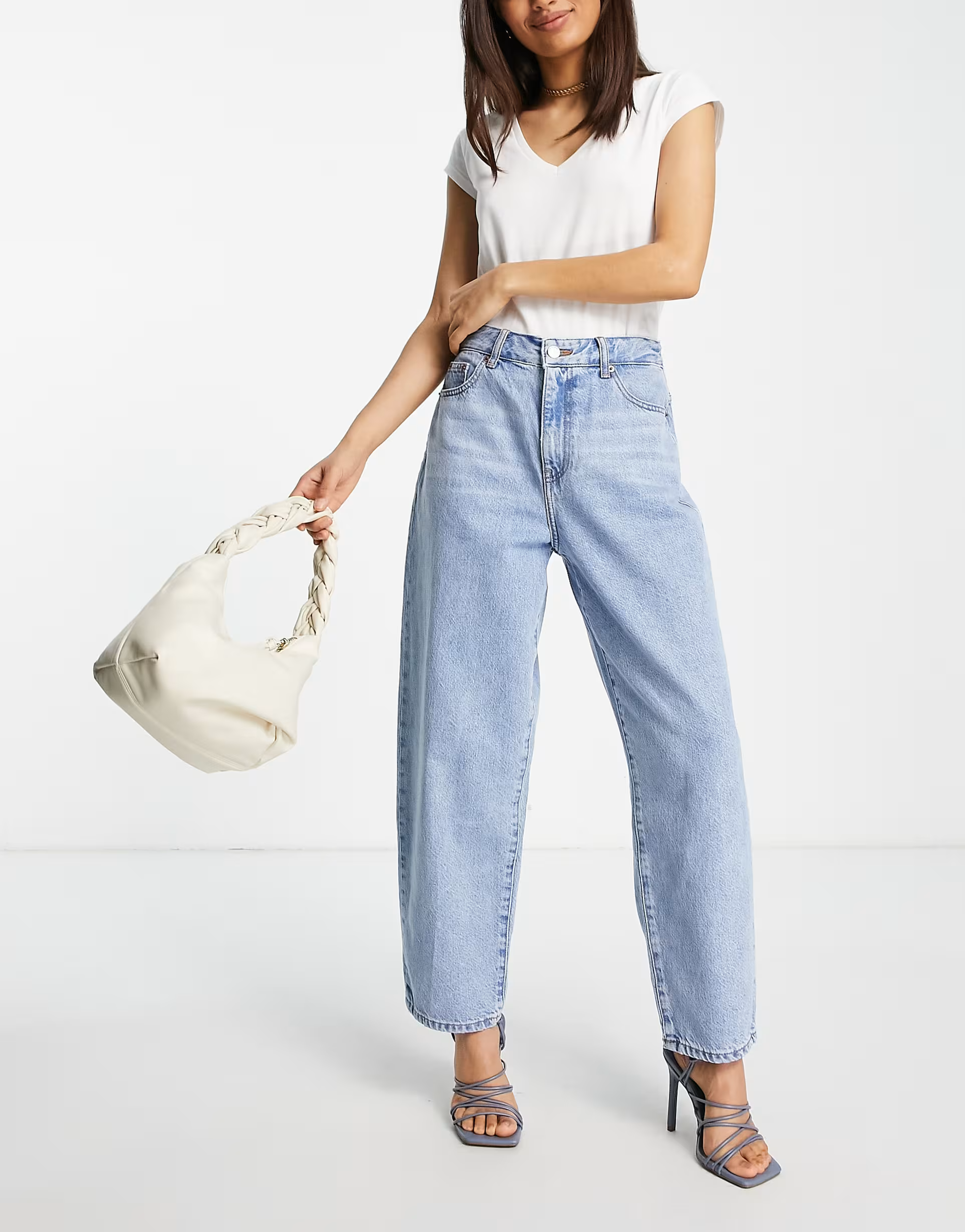 Dr Denim Petite Womens Bella Oversized Mom Jeans in Light Wash Blue