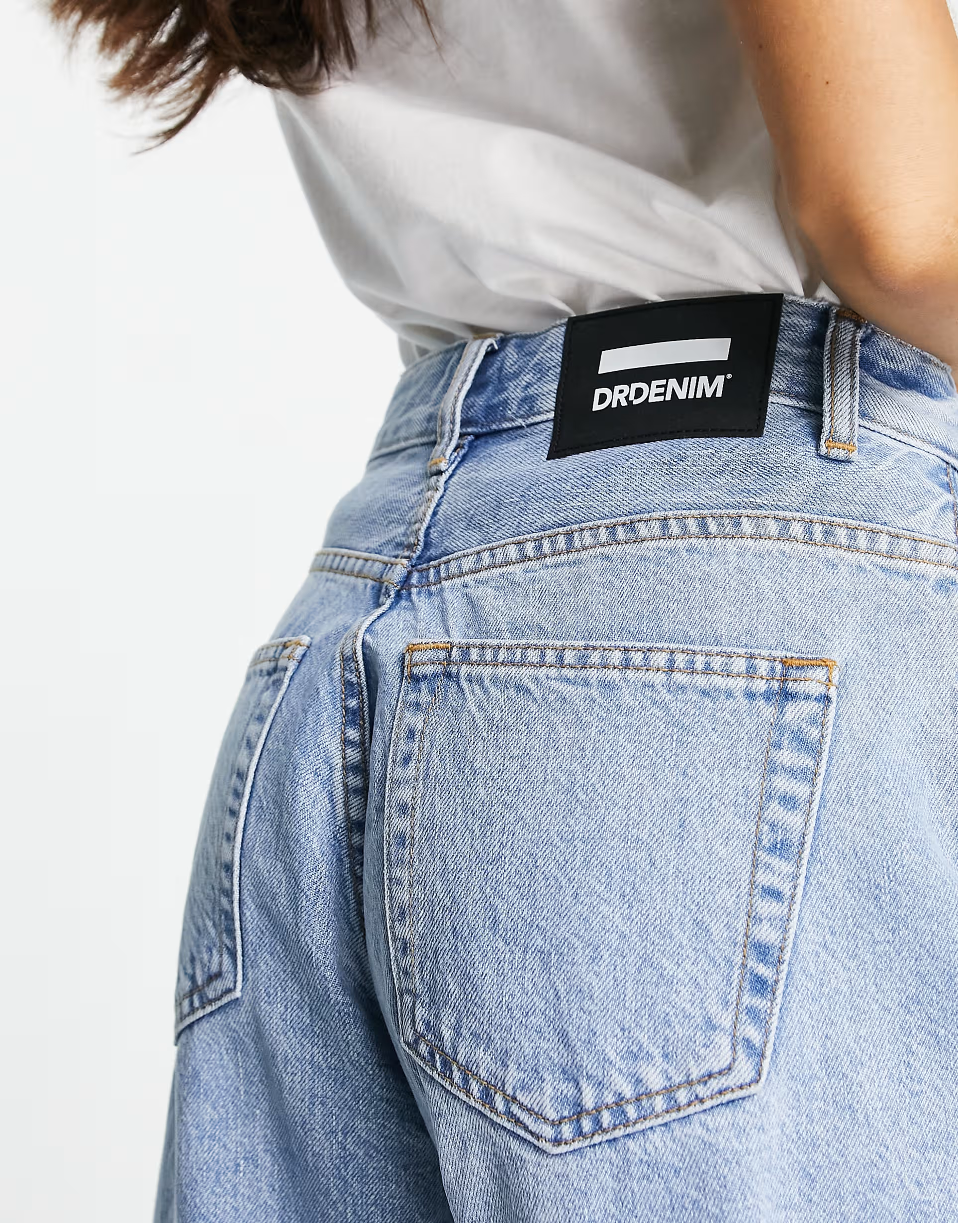 Dr Denim Petite Womens Bella Oversized Mom Jeans in Light Wash Blue