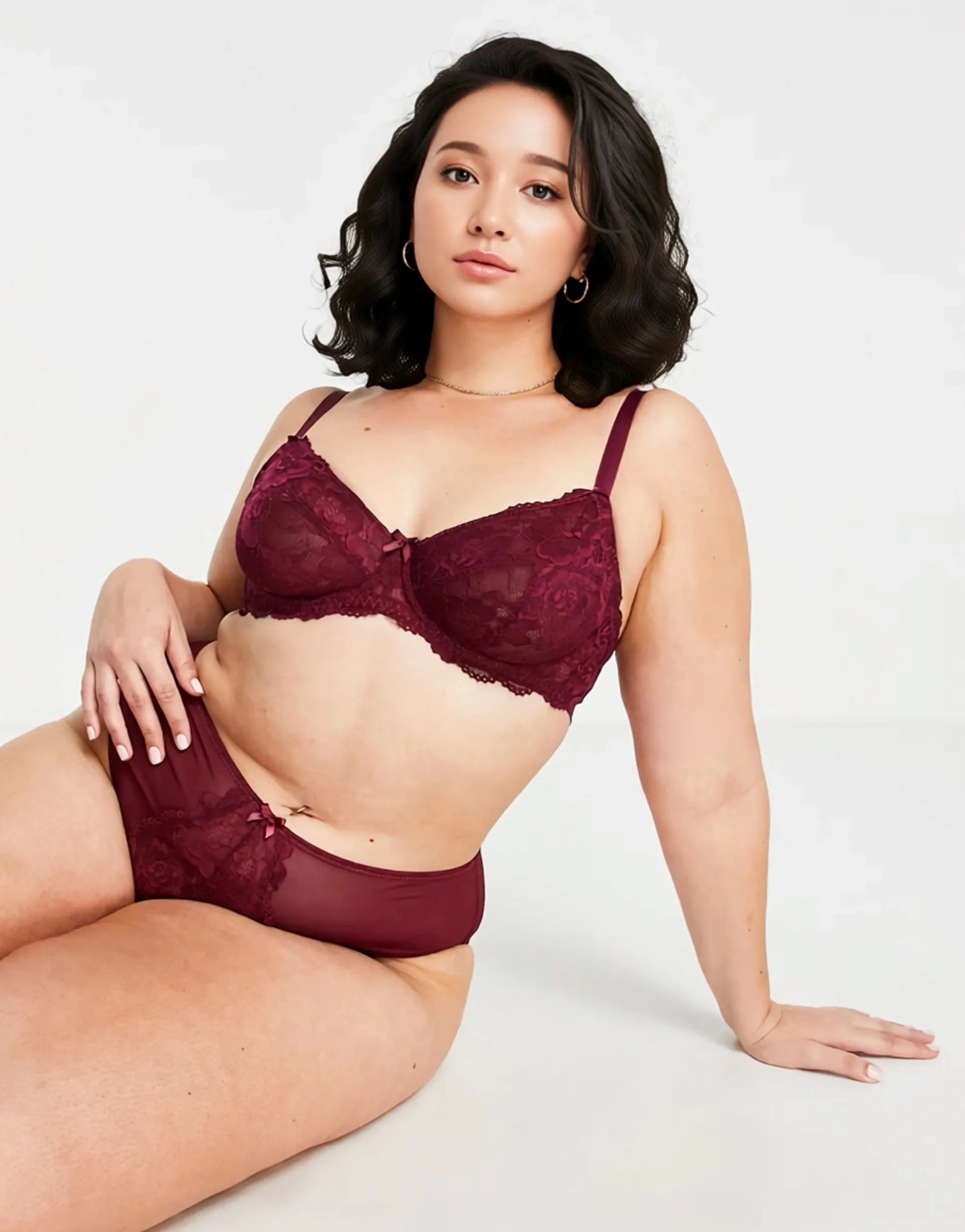 Womens Ivory Rose Curve Lace Balconette Wired Non-Padded Bra In Bordeaux