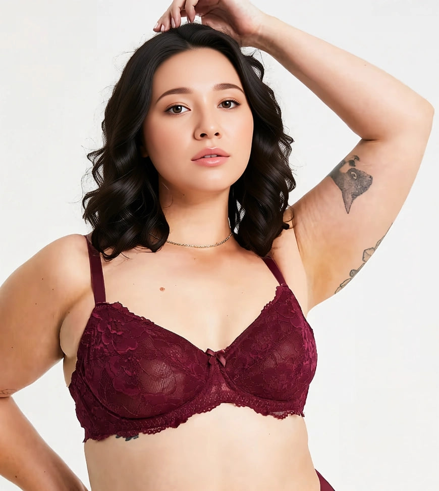 Womens Ivory Rose Curve Lace Balconette Wired Non-Padded Bra In Bordeaux