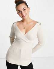 Morgan Women's Long Sleeve Wrap Front Slim Rib Knitted Top With Button Shoulder Detail In Pink