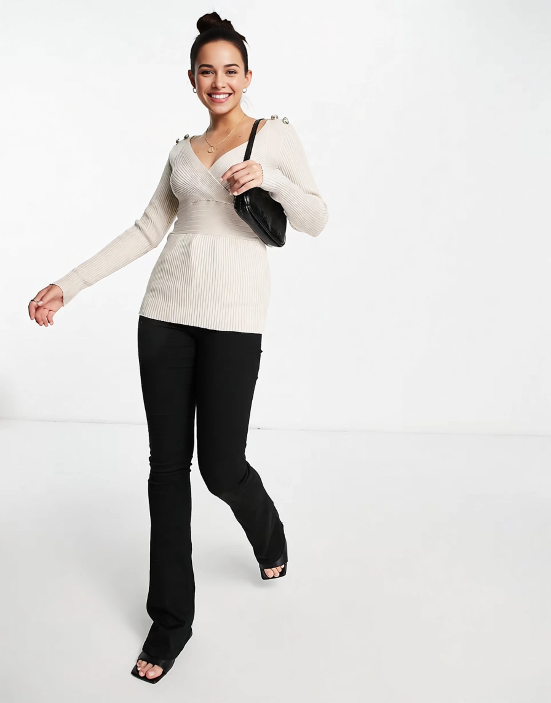 Morgan Women's Long Sleeve Wrap Front Slim Rib Knitted Top With Button Shoulder Detail In Pink