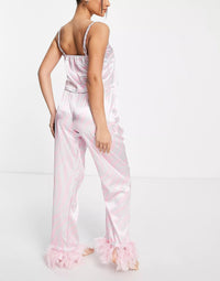 Night Maternity Satin Cami Pyjama Set With Faux Feather Trim In Pink Zebra Print