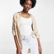 Hollister Step Hem Shacket In Tan Ground Check