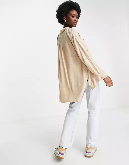 Hollister Step Hem Shacket In Tan Ground Check