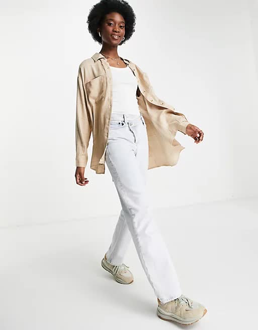 Hollister Step Hem Shacket In Tan Ground Check