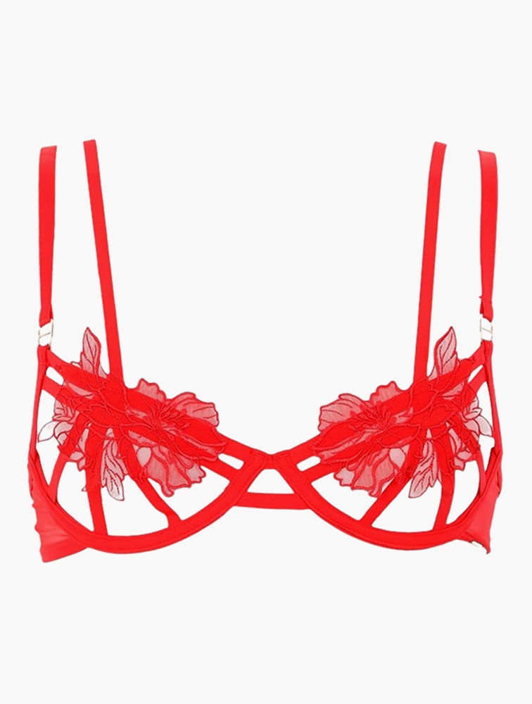 Bluebella Amina open cup floral applique bra with dotty crochet trim in red