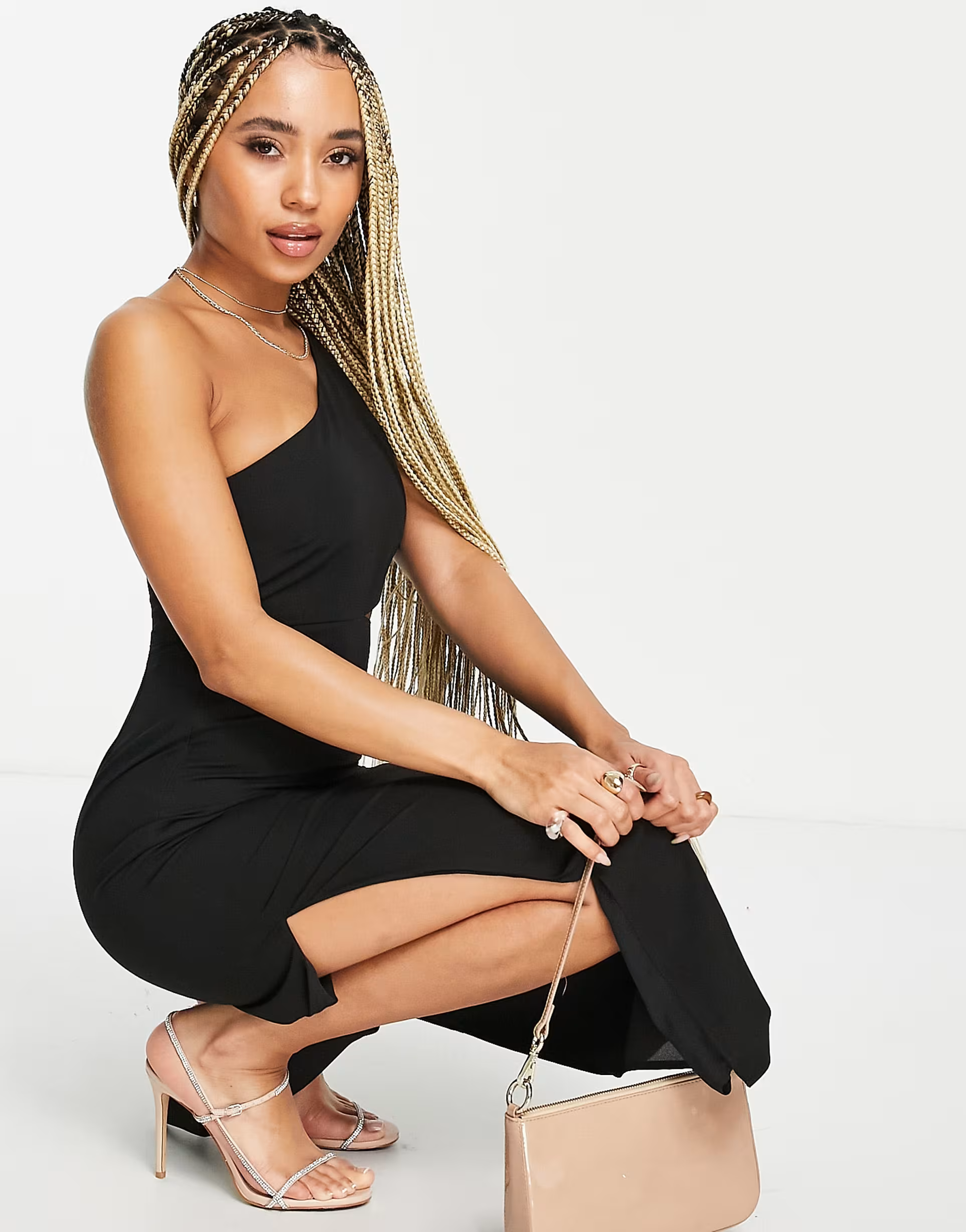 NA-KD Womens One Shoulder Cut Out Side Maxi Dress In Black