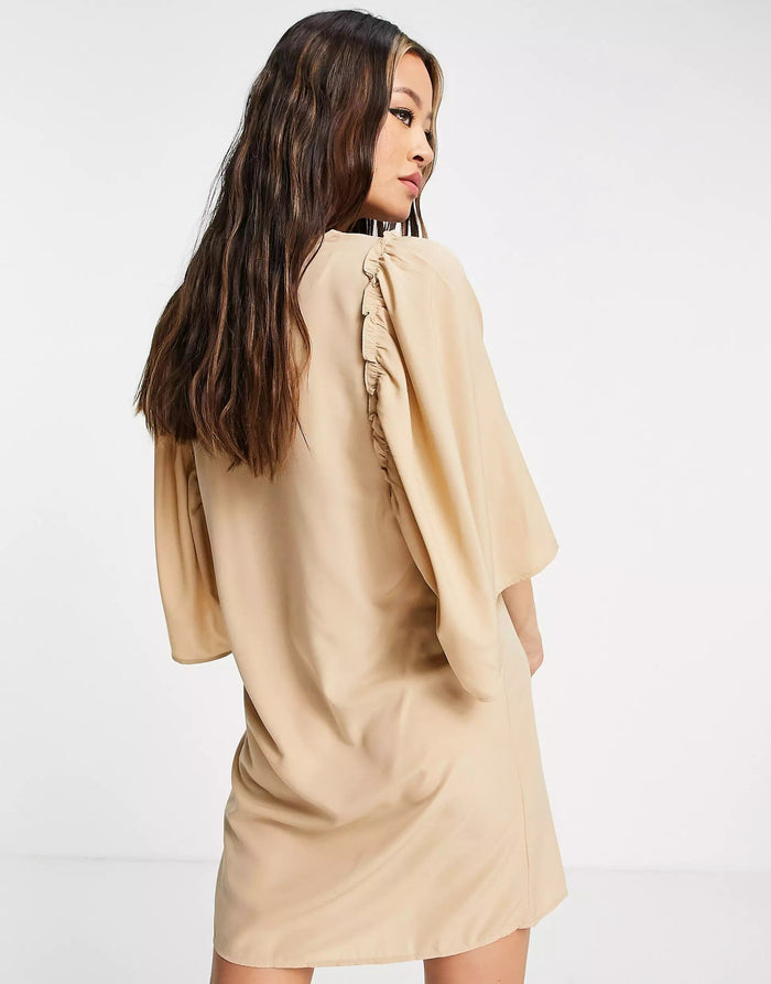 Vero Moda Flutter Sleeve Dress In Beige