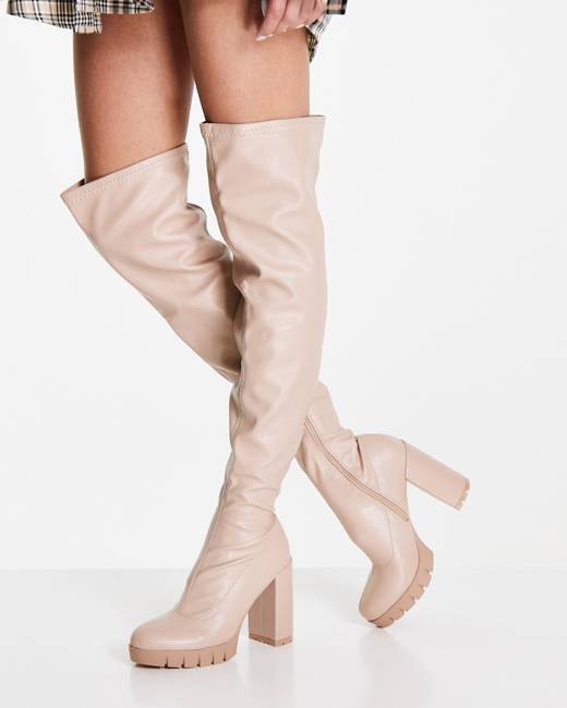 Glamorous Womens Over The Knee Chunky Heel Boot In Beige