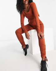 Threadbare Plus Fitness Womens Ruched Tie Side Gym Leggings Co-Ord in Spiced Orange