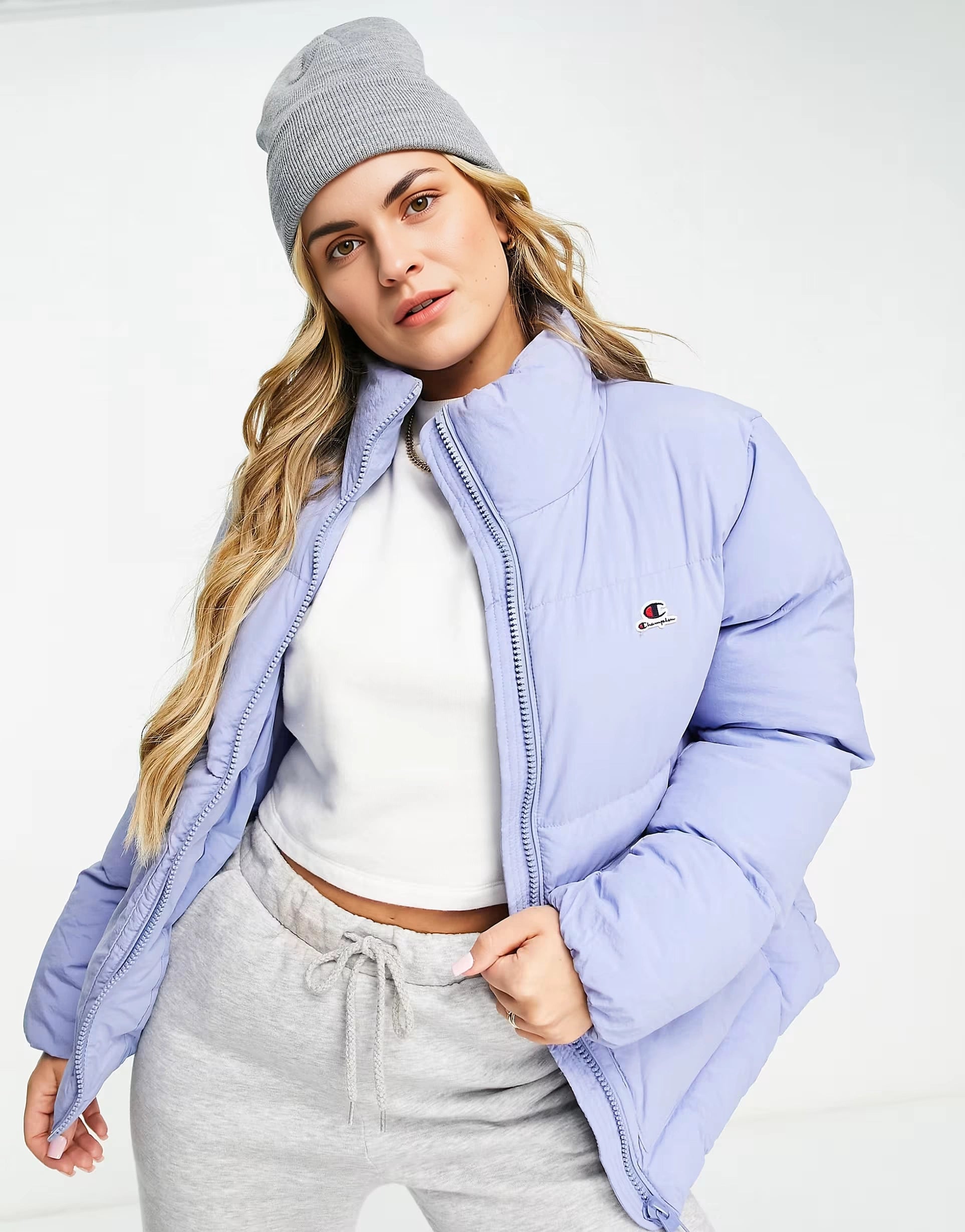 Champion Womens Small Logo Cropped Puffer Jacket In Blue