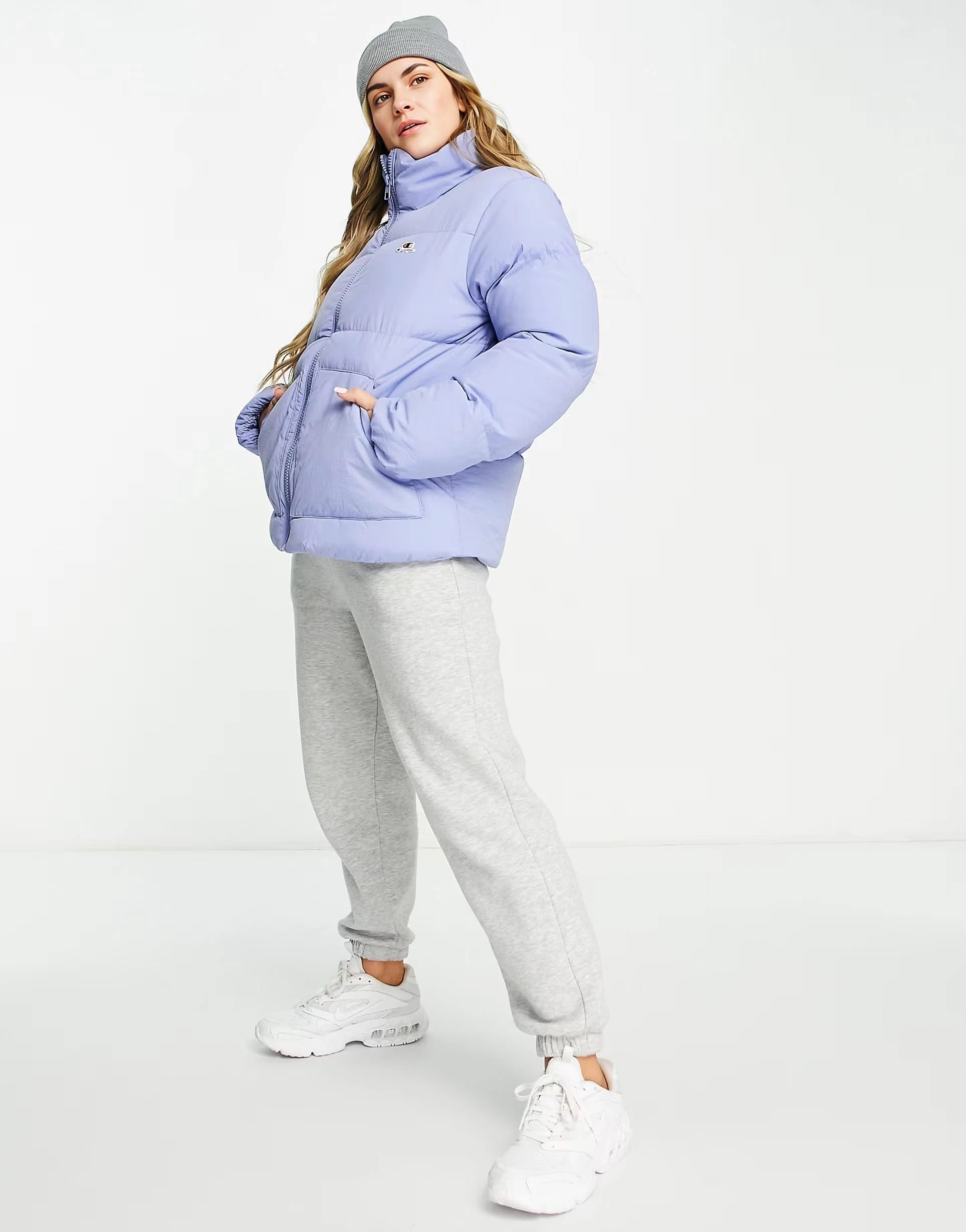 Champion Womens Small Logo Cropped Puffer Jacket In Blue