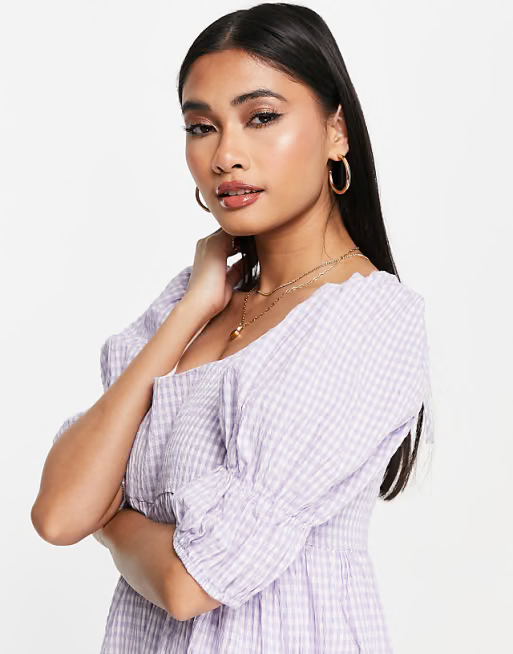 Ghospell midaxi smock dress with tie back and tiers in lilac