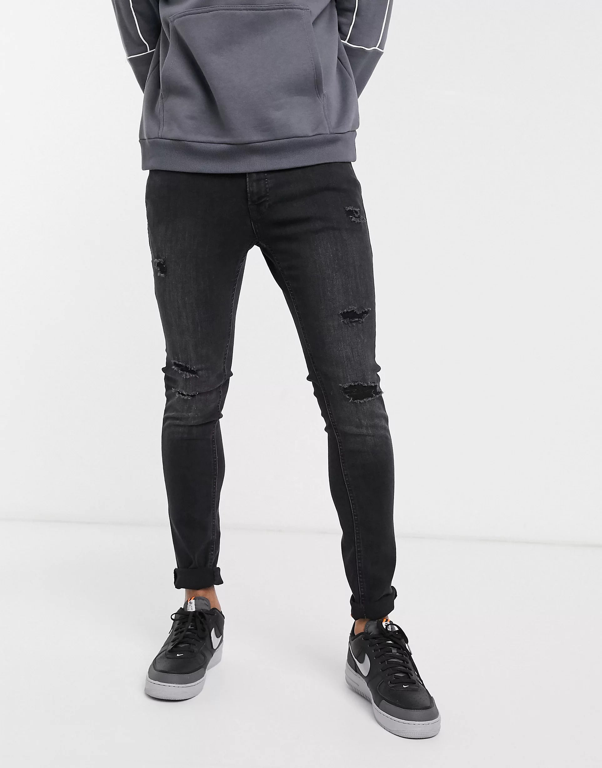 Jack & Jones Skinny Fit Ripped Jeans In Washed Black