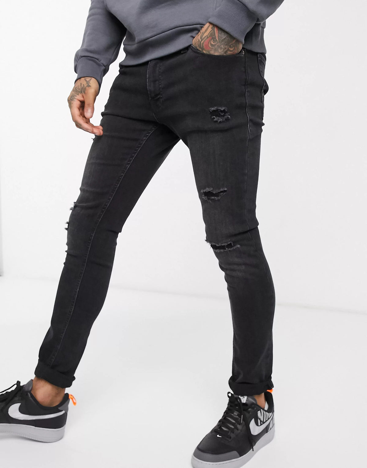 Jack & Jones Skinny Fit Ripped Jeans In Washed Black
