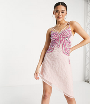 Starlet butterfly embellished sheer overlay dress in pink sequin