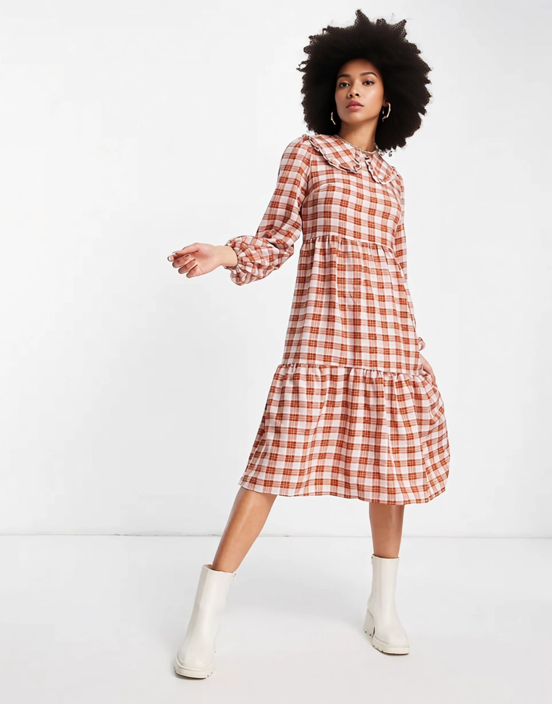 QED London Womens Collared Midi Smock Dress in Gingham Print